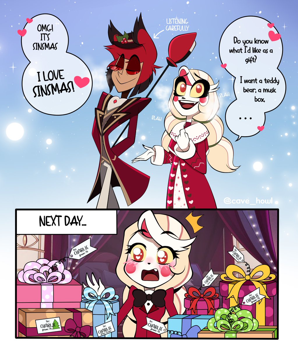 cave_howl's tweet image. 🎄✨🎁 𝑴𝒆𝒓𝒓𝒚 𝑪𝒉𝒓𝒊𝒔𝒕𝒎𝒂𝒔🎁✨🎄
#Radiobelle mini cómic 🌈💖🦌
#HazbinHotel #HazbinHotelFanart #Alastor #CharlieMorningstar  #vivziepop #charlastor #ValentinesDay #アラチャ #alastorxcharlie #charliexalastor
