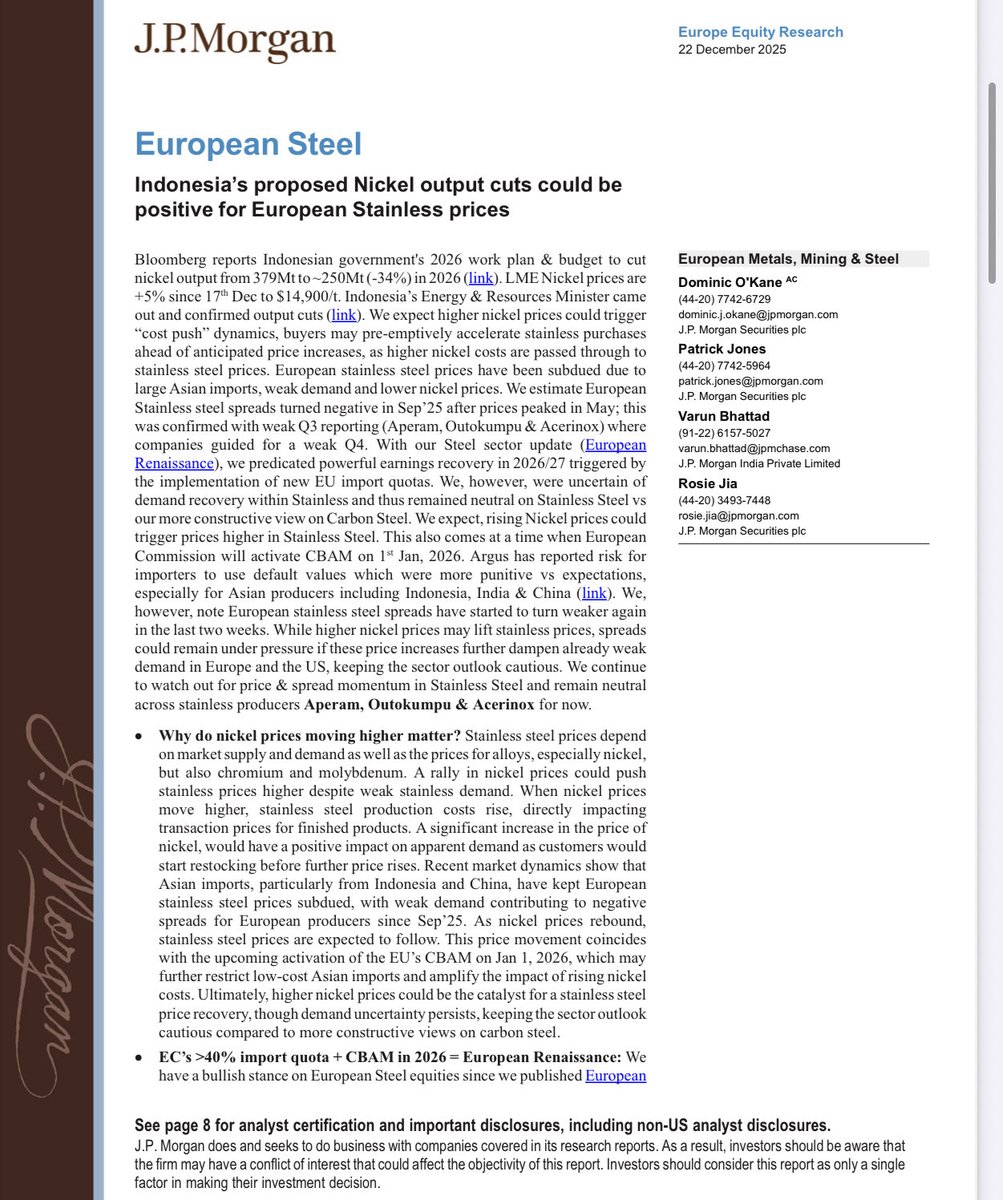 Stainless Steel/Nickel - JPM

“Minister of Energy and Mineral Resources Bahlil Lahadalia has confirmed plans to reduce the country’s nickel and coal production in 2026 as part of efforts to stabilise commodity prices by better managing supply and demand.”

<a href="/CRUDEOIL231/">JH</a>