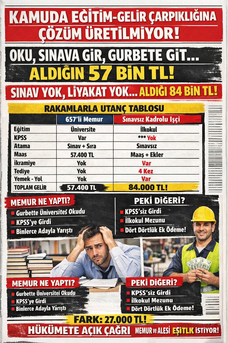 #MemurDiyorki

Taşerondan kadroya sınavsız geçmedik!
KPSS ile atandık!

1-En düşük memur maaşı,taşerondan kadroya sınavsız geçirilen işçi geliri (ikramiye-tediye-yemek-yol) ödemesi altında olamaz.

2-Memurlara da ikramiye-tediye-yemek-yol ek ödemesi verilmelidir.
