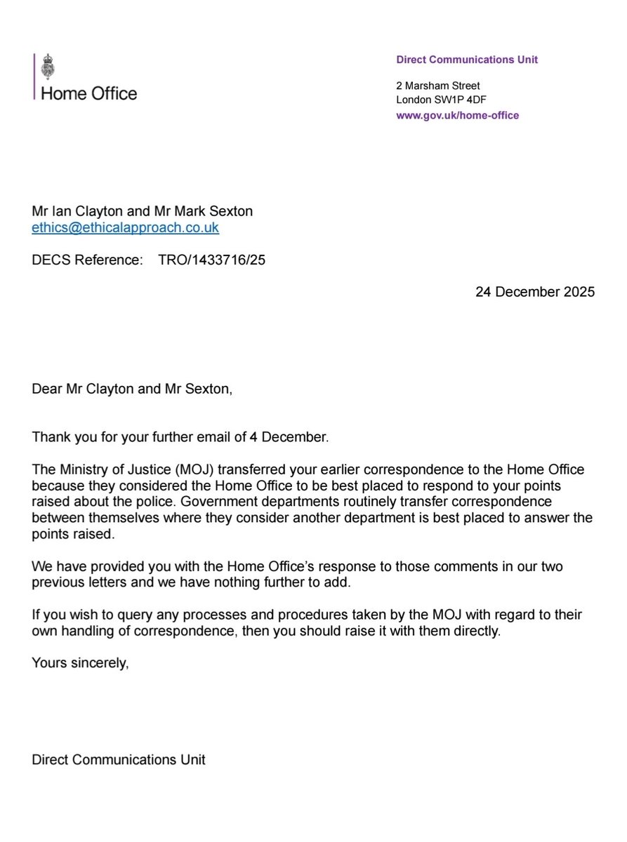 EthicalApproach's tweet image. Every institution seems to want to “clear their deck” before Christmas 🎄

Home Office response dated 24 December 2025

Today the Home Office confirmed, in writing, that it has “nothing further to add” in relation to serious constitutional concerns raised with other parties, but…