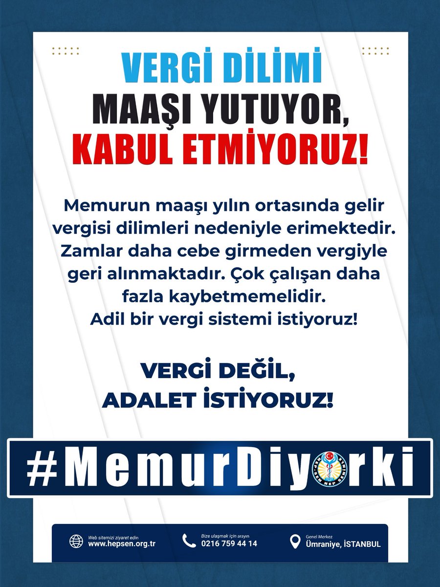 VERGİ DİLİMİ MAAŞI YUTUYOR, KABUL ETMİYORUZ!

Memurun maaşı yılın ortasında gelir vergisi dilimleri nedeniyle erimektedir. Zamlar daha cebe girmeden vergiyle geri alınmaktadır. Çok çalışan daha fazla kaybetmemelidir. Adil bir vergi sistemi istiyoruz!

VERGİ DEĞİL, ADALET