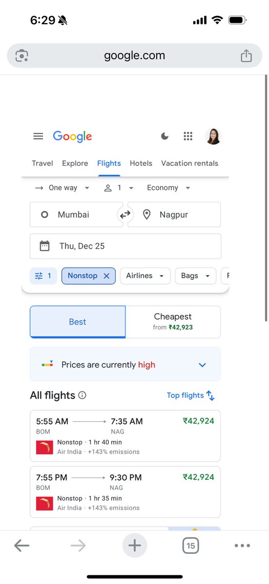 ShirpurkarRupal's tweet photo. This looks like a monopoly problem in India’s domestic aviation. ₹42,000 (~$500) for a 1.5-hour Mumbai → Nagpur. It’s exploitation.
@elonmusk, India needs real competition in aviation. Time for disruption and fair pricing.  

I request @DGCAIndia &amp; @MoCA_GoI plz review https://t.co/UGcornNTPR