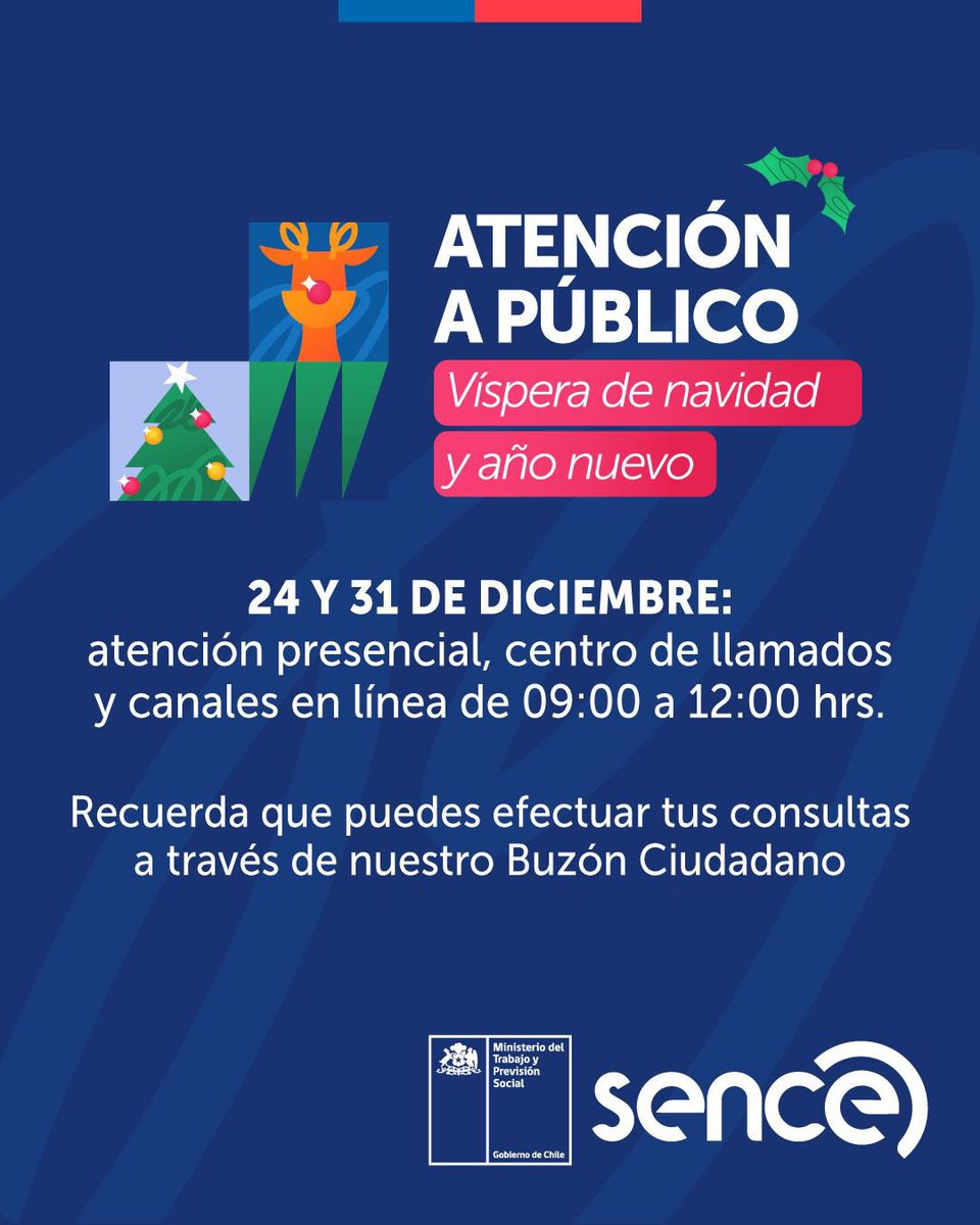 🎄✨ Atención Sence en Navidad y Año Nuevo
Los días 24 y 31 de diciembre, nuestra atención presencial, centro de llamados y canales en línea estarán disponibles de 09:00 a 12:00 hrs.

📩 Recuerda que también puedes realizar tus consultas a través de nuestro Buzón Ciudadano.
