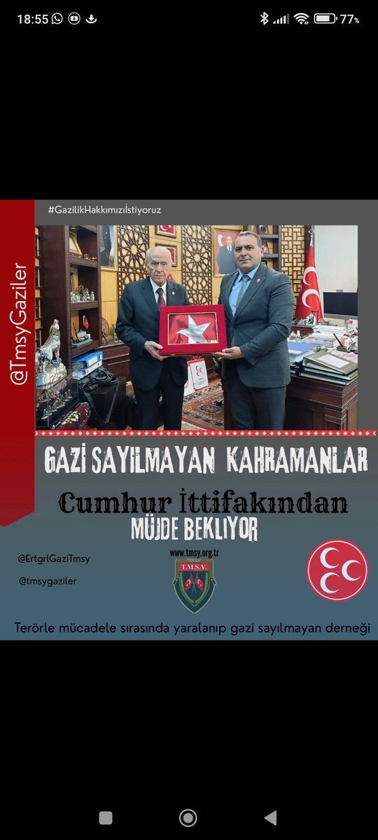 <a href="/ErtugrlGaziTmsy/">ERTUĞRUL GAZİ DEMİR</a> <a href="/TBMMresmi/">TBMM</a> <a href="/TmsyGaziler/">T.M.S.Y GAZİ SAYILMAYANLAR</a> <a href="/aydem057/">Aytekin Demirel</a> <a href="/mustafaulu60332/">T.M.S.Y. mustafa uludogan</a> <a href="/MHP_Bilgi/">MHP</a> <a href="/kocakkonuralp/">Konur Alp Koçak</a> Vatan,Bayrak ve Millet uğruna terörle mücadelede yaralanmış fakat Gazilik onurları verilmemiş <a href="/TmsyGaziler/">T.M.S.Y GAZİ SAYILMAYANLAR</a> haklarını ne zaman verilecek
#GazilikHakkımızıİstiyoruz
<a href="/RTErdogan/">Recep Tayyip Erdoğan</a>
<a href="/MahinurOzdemir/">Mahinur Özdemir Göktaş</a>
<a href="/hulusiakarmedya/">Hulusi AKAR</a> 
<a href="/celebimehmeta/">Mehmet Ali Çelebi</a>
<a href="/kocakkonuralp/">Konur Alp Koçak</a>
<a href="/dtcuneytaldemir/">Dt. Cüneyt Aldemir 🇹🇷</a> bb