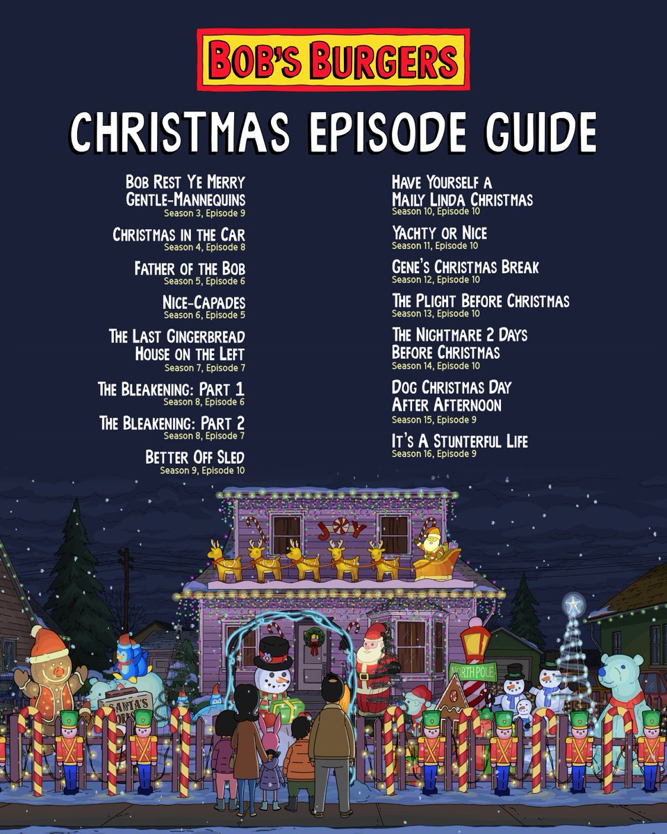 BobsBurgersFOX's tweet image. Merry Christmas! 🎄🎁✨
Whether you’re naughty or nice, we have a #BobsBurgers episode for you. Stream all episodes on Hulu!