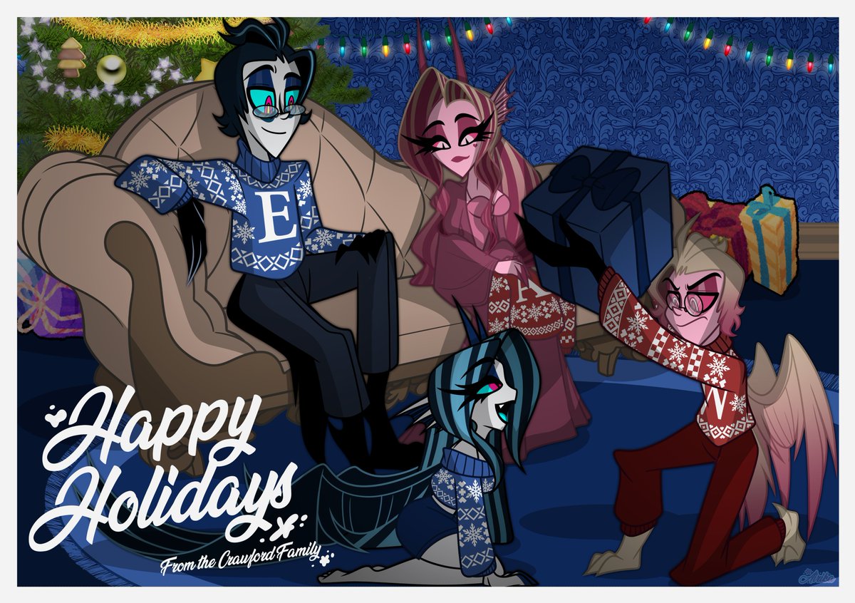 Happy Christmas from the Crawford Family! 🎄🩷💙💕

And a Merry Christmas &amp; Happy Holidays from Me~ 😘
May you all have a wonderful time celebrating with friends &amp; family! 🫶

Edward belongs to <a href="/AGrumpyBirb/">♤ 𝐄𝐝𝐰𝐚𝐫𝐝</a> 
#HazbinHotelOC | #HelluvaBossOC | #HHOC | #HBOC | #OC