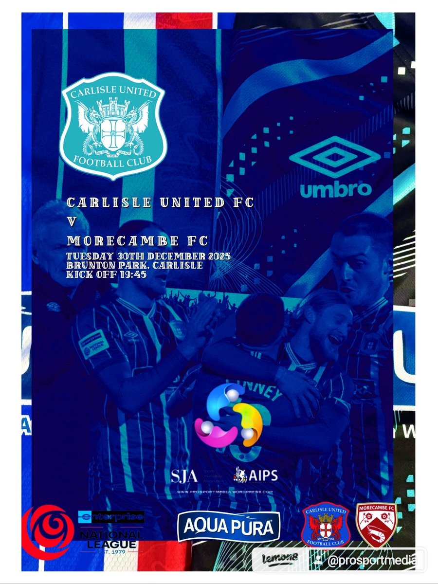 denisdevlin1's tweet photo. The National League
Carlisle United Football Club v Morecambe FC
Tuesday 30th December 2025
Brunton Park, Carlisle
Kick Off 19:45
#CARMOR #CUFC #CarlisleUnitedFC #morecambefc #COYB #TheShrimps
#enterprisenationalleague #NationalLeague
#prosportmedia #foreverevolving https://t.co/qnCgu6Ud2u