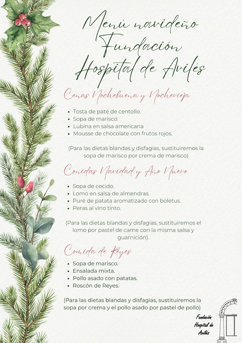 fhaviles's tweet photo. 🎄✨En Fundación Hospital de Avilés, la Navidad también se sirve en la mesa.

🍽️ Elaboramos un 𝓶𝓮𝓷𝓾́ 𝓮𝓼𝓹𝓮𝓬𝓲𝓪𝓵  durante las fiestas para sacar una sonrisa a quienes pasan estas fechas ingresados.

Gracias al personal de cocina por su esfuerzo.

#Humanización #Navidad https://t.co/QIeII8Vq2D