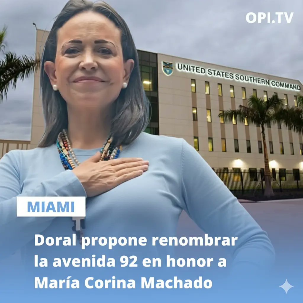 📢 Noticia Viral  
La ciudad de Doral planea rendir homenaje histórico a la Nobel de la Paz 2025, <a href="/MariaCorinaYA/">María Corina Machado</a>, renombrando la avenida 92 en su honor. El anuncio ha generado un enorme impacto en la comunidad venezolana y promete convertirse en un símbolo de libertad y esperanza