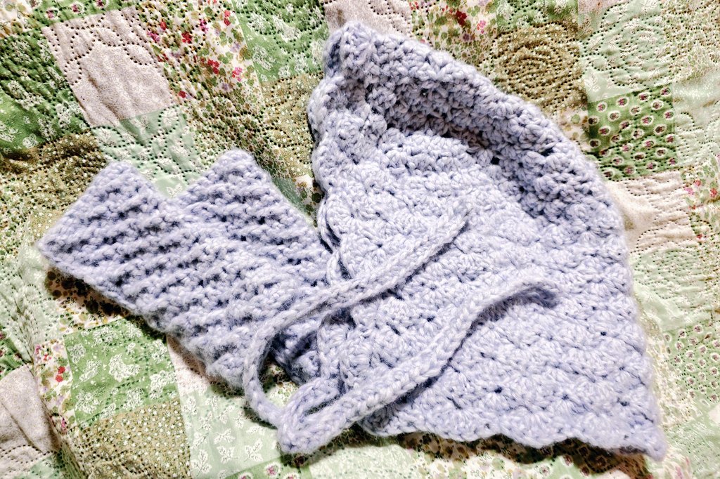 むしゃくしゃして毛糸買い占めて編みました。
ボンネットのようなバラクラバのような帽子的なヤツと、アームカバー🧶
どんだけ腕の編むの？って母に言われました。