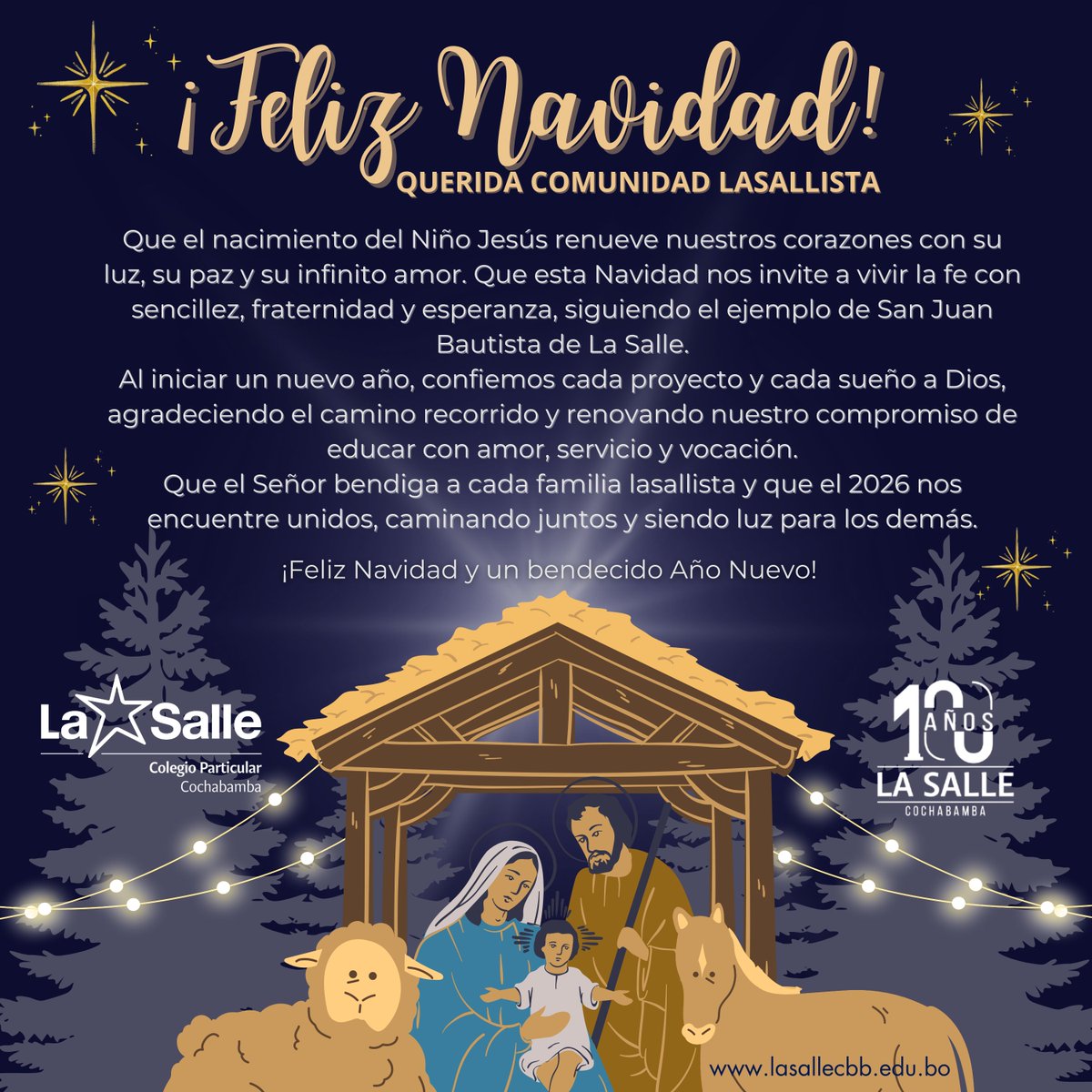 En esta Navidad enviamos un saludo de gratitud y esperanza. Que el nacimiento del Niño Jesús llene sus hogares de paz y unión, y que el Año Nuevo nos siga encontrando caminando juntos como familia lasallista.
Gracias por la confianza y el compromiso compartido. 🎄🙏