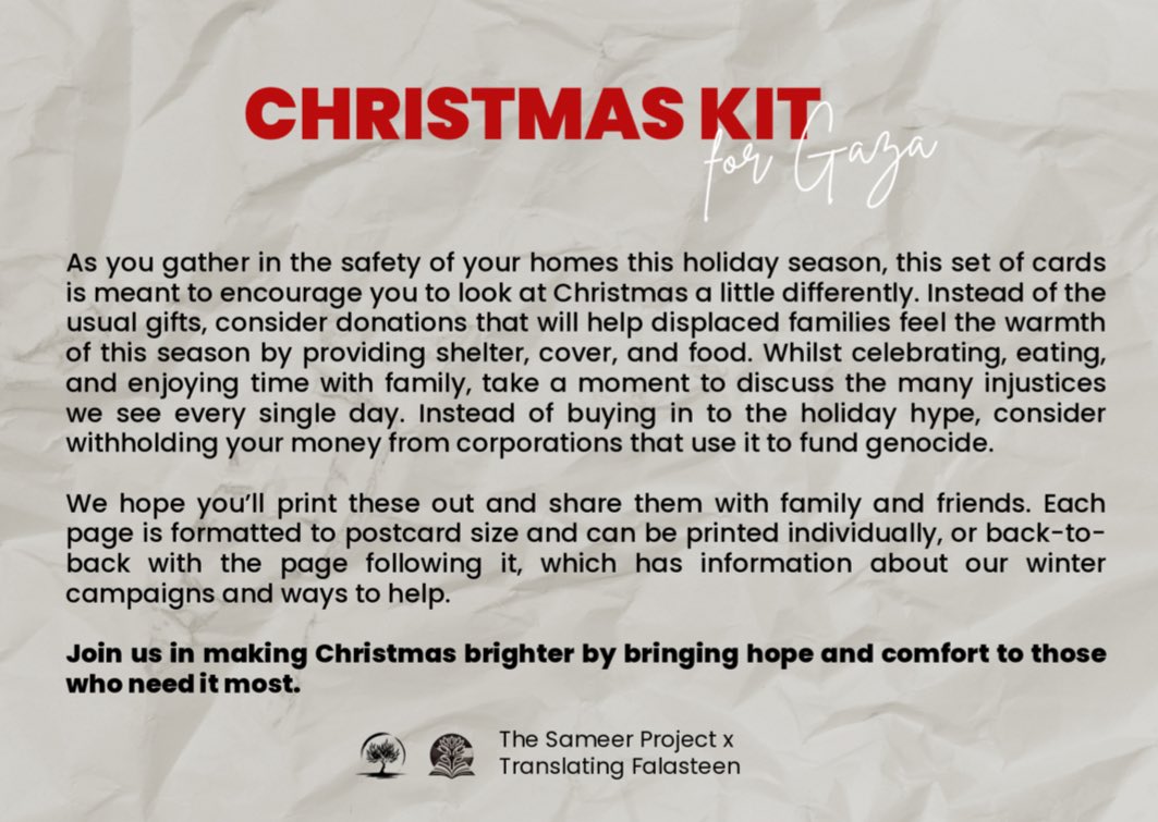 likeafantasy__'s tweet image. palestinians deserve a peaceful holiday season just like everyone else, so please consider sending a digital greetings card to families and orphans in the gaza strip through the @sameerproject ‘christmas kit for gaza’ project along w a donation

🔗 ugc.production.linktr.ee/e7f63d94-f291-…