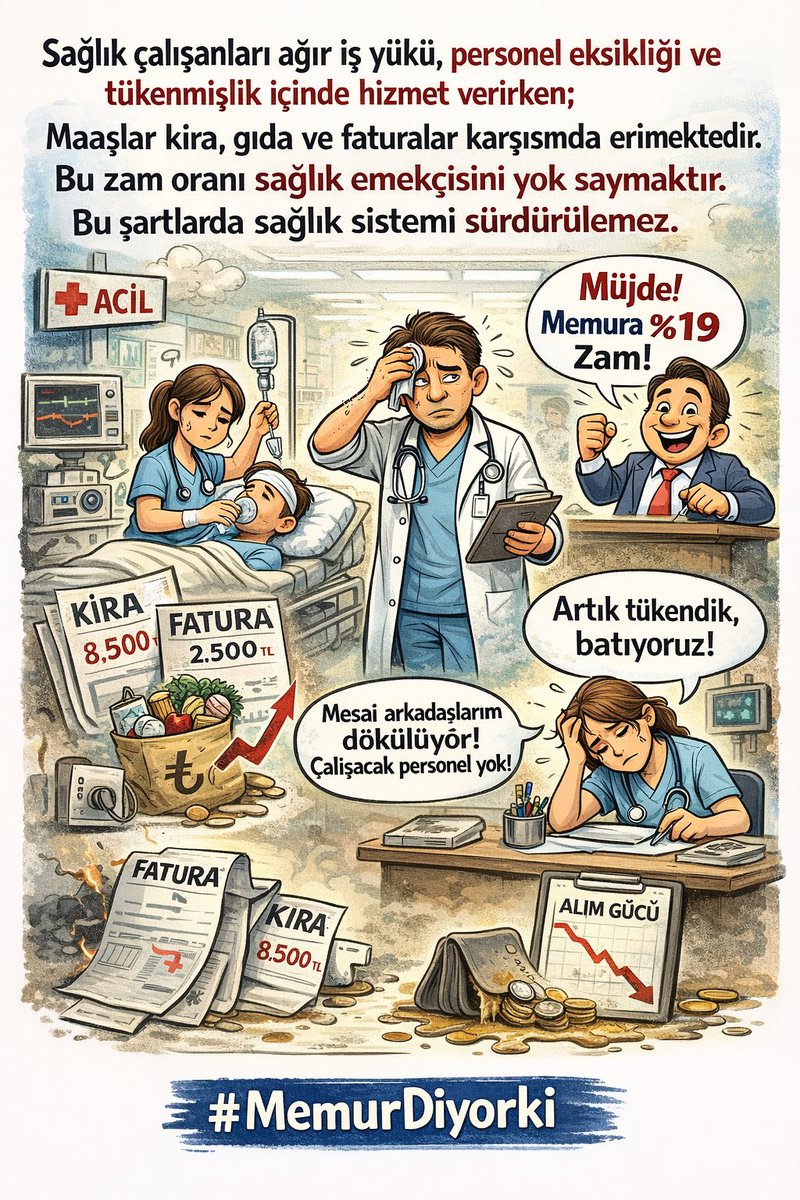 Kira, gıda, fatura ve ulaşım bu kadar artmışken açıklanan zam oranları hayatın gerçeklerini yansıtmıyor. Asgari ücret açlığı, memur maaşı yoksulluğu yönetemez. Adil ücret için itiraz ediyoruz.

#MemurDiyorki
<a href="/tcbestepe/">T.C. Cumhurbaşkanlığı</a> <a href="/RTErdogan/">Recep Tayyip Erdoğan</a> <a href="/memetsimsek/">Mehmet Simsek</a> <a href="/HMBakanligi/">T.C. Hazine ve Maliye Bakanlığı</a> <a href="/isikhanvedat/">Prof. Dr. Vedat Işıkhan</a>