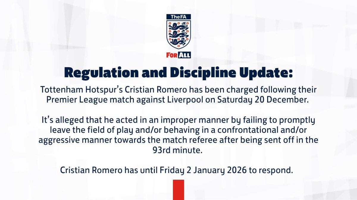 SpursArmyTweets's tweet photo. Cristian Romero has been charged by the FA. https://t.co/1Q7trUVjJN