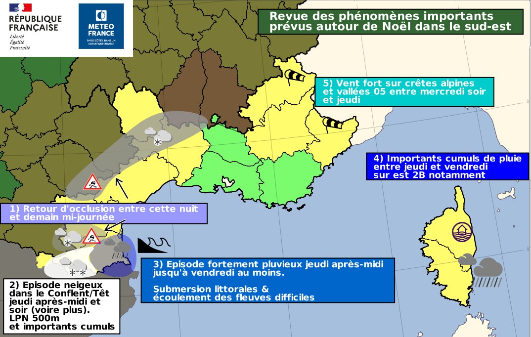 Les prévisionnistes de <a href="/meteofrance/">Météo-France</a> travaillent nuit et jours même pendant les fêtes. Revue des 5 phénomènes en #vigilance jaune🟡prévus dans le sud-est autour de Noël👇