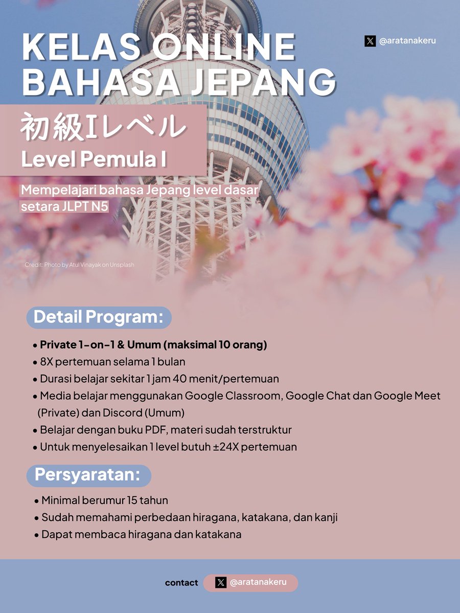 aratalanguage's tweet photo. 【 初級I / Kelas Pemula I 】

Kelas untuk yang sudah bisa baca hiragana dan katakana. Setara N5.
Ada kelas private dan kelas umum, ya~
Belajarnya fokus ke Bunpou (grammar/tata bahasa) dan sudah ada buku PDF-nya, jadi belajarnya terstruktur.

Pertanyaan lebih lanjut silakan DM 🙌🏻 https://t.co/k5RXChCU3Q