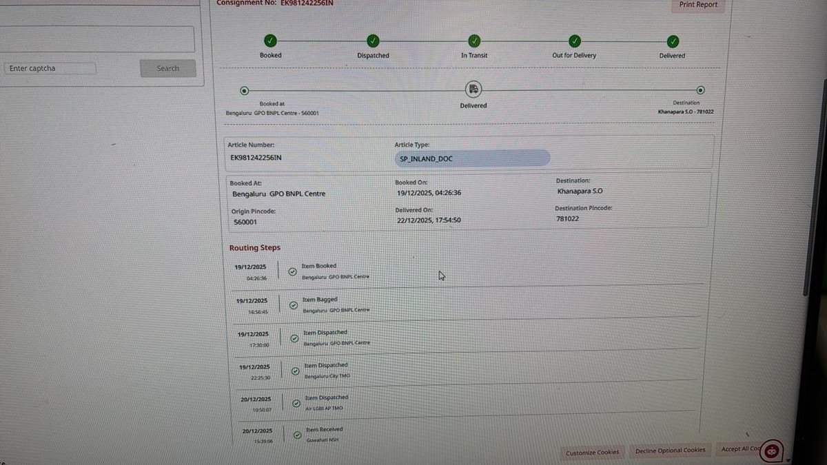 BijendraPr87's tweet image. @IndiaPostOffice

My Canara Bank credit card (Tracking EK981242256IN) is shown Delivered on 22-12-25 by India Post Guwahati Khanapara, but I have NOT received it.

Kindly investigate &amp;amp; provide POD.
#IndiaPost #FalseDelivery