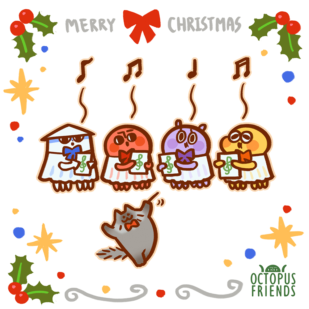 Jingle Bells～Jingle Bells～Jingle all the way～🔔🎄
章魚為大家報佳音，祝大家聖誕平安快樂！🎅🎁

#原創