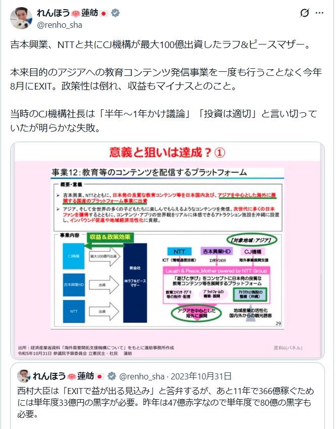 aradnekopon's tweet photo. もうこの国ダメだろ、根っこから腐ってる

①政府肝いりのクールジャパンは累積400億弱の赤字
②出資先も悉く官民癒着や利益供与が疑われる
③130億円出資した「人口蜘蛛の糸開発」はビジネス経験ゼロの慶応幼稚舎上がりのボンボンが創業者の「スパイバー」は300億円の赤字で既に目玉の蜘蛛の糸開発も撤退
④最大100億出資したラブ＆ピー��マザーは吉本興業の配信などしてたが、本来目的のアジアへの教育コンテンツ発信事業を一度も行うことなくサービス終了
⑤80億円出資したジャングリアの「刀」は身内に数億のコンサル料を払うなどの利益供与を疑われる会計で100億の赤字が見込まれる
⑥クールジャパンは経済産業省で当時の大臣は西村
⑦クールジャパン担当大臣は直近、高市→城内→小野田
⑧これをほったらかして「高市政権」が新たにまた公金で予算2000億円のコンテンツ庁設置←NEW

やることなす事スタートアップやらで政権と近い企業にバラ撒いて関係者の飲み代に消えたり失敗続き
しわ寄せは財源確保に増税や社保増か円安からのインフレ税でだれも責任取らず有耶無耶

馬鹿ウヨはなんでこんな奴ら信用出来るねん
記憶力無いんか？？？？？