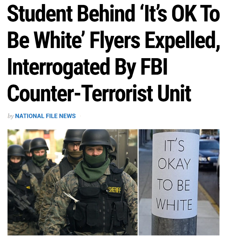 "They didn't ask you to apologize for being White, they just interrogated you as a terrorist and destroyed your life for saying it's okay to be White. Why are you mad?"