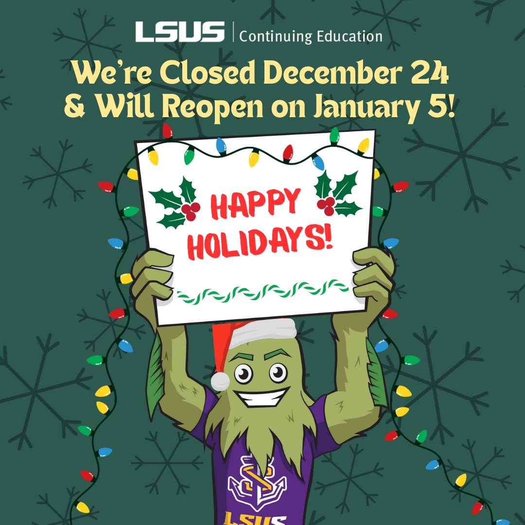 📌 Our office will be closed 12/24 &amp; will reopen 1/2, so our team can rest and enjoy time with friends and family. 

#lsusce #upskill #reskill #ContinuingEd #ContinuingEducation #workshops #OnlineLearning #WorkforceDevelopment #YouthPrograms #leisure