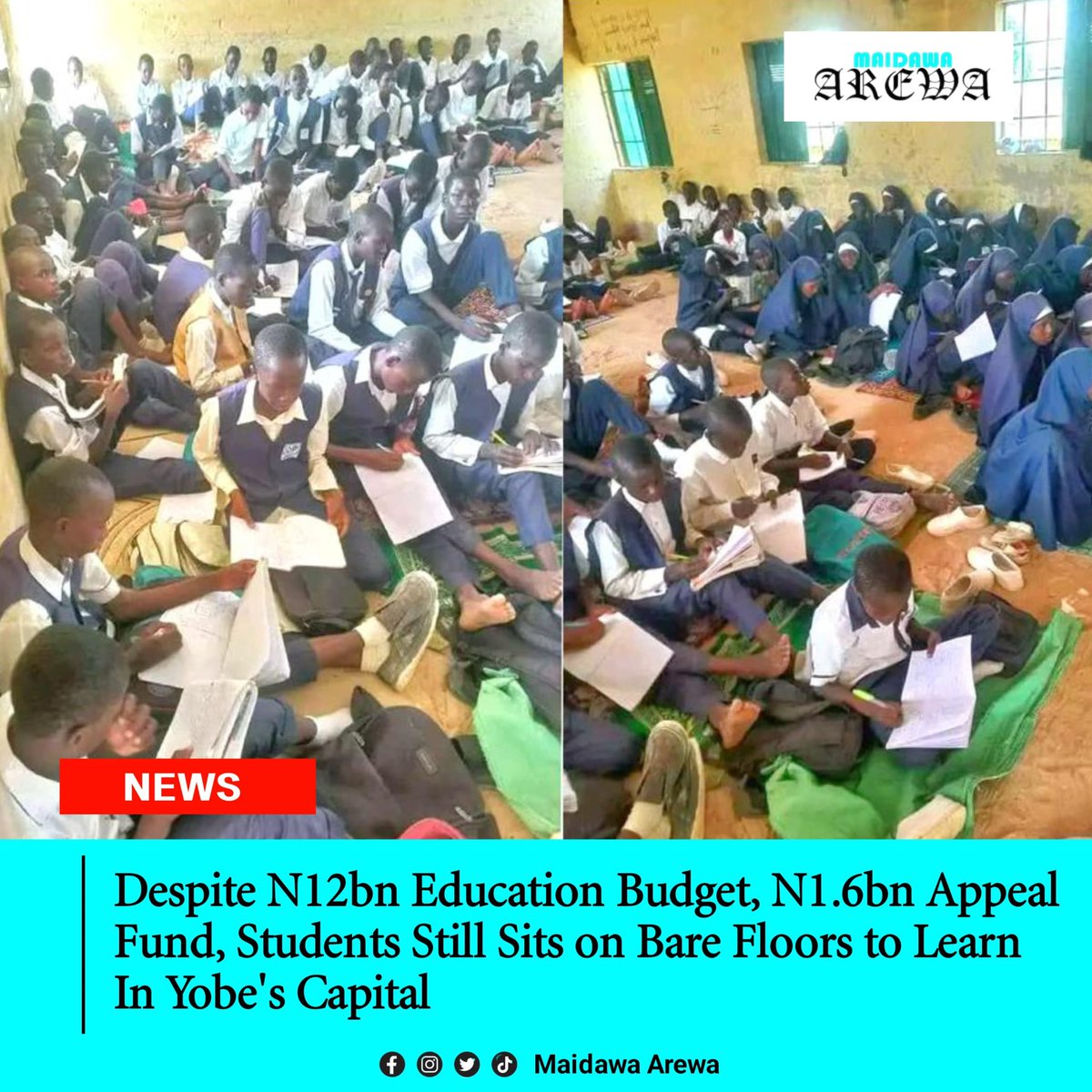 Despite N12bn Education Budget, N1.6bn Appeal Fund, Students Still Sits on Bare Floors to Learn In Yobe’s Capital 

 maidawaarewa.com/2025/12/24/des…
<a href="/lminkaeel01/">Last_Born (Backup Account)</a> <a href="/Abubakar_AkA/">AkA</a> <a href="/HassanPeppe/">HASSAN PEPPE YOBE</a> <a href="/WadzaniApagu/">Wadzani Apagu</a>
