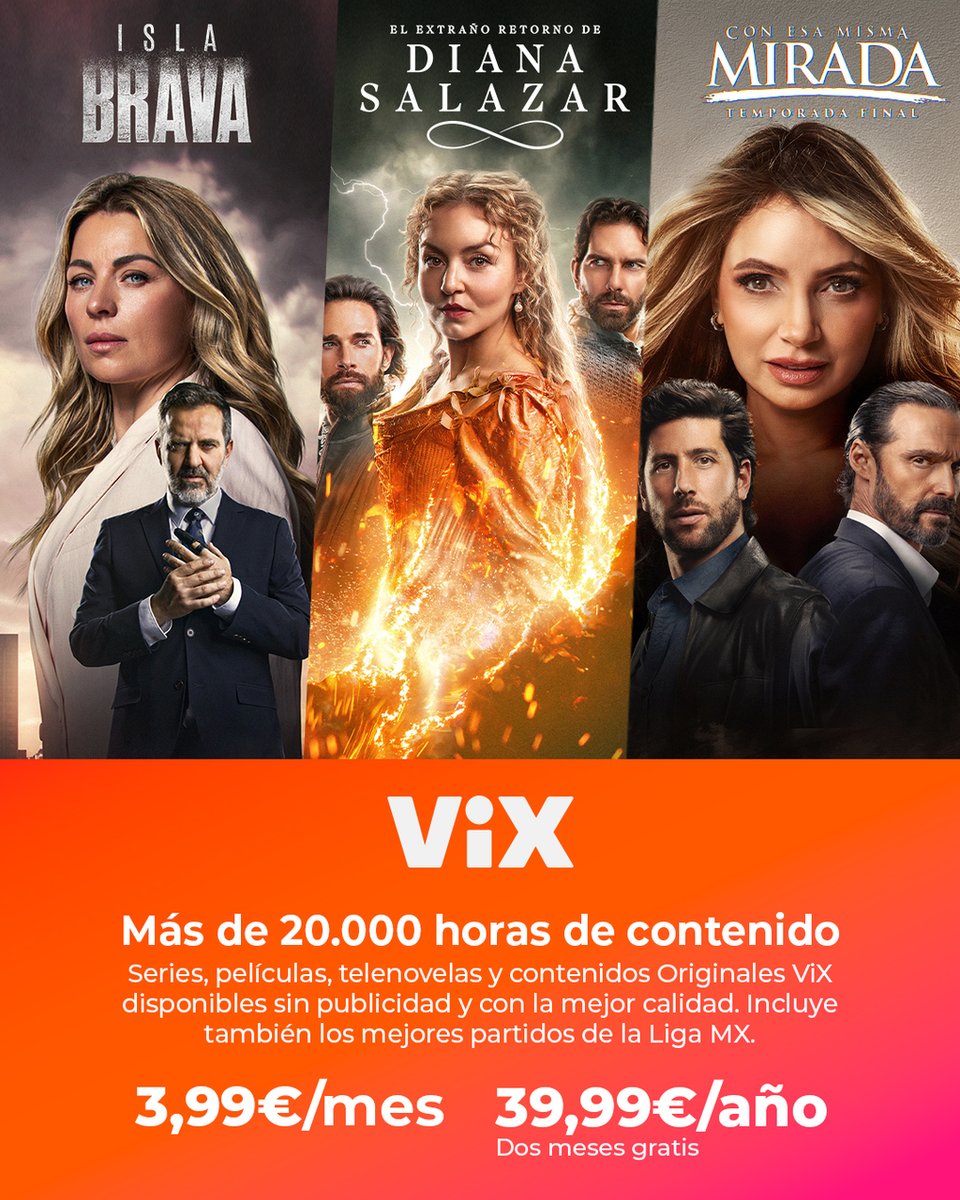 vixatresplayer's tweet photo. ¿Quieres disfrutar de más de 20.000 horas de contenido en español? 🤩 ¡Ya puedes hacerlo en #ViX! 🙌🏼

#IslaBrava
#ElExtrañoRetornoDeDianaSalazar
#ConEsaMismaMirada

💥 Y por solo 3,99€/mes o 39,99€ con el plan anual: ¡En exclusiva en @atresplayer ▶️ https://t.co/1ySUy5tsOj https://t.co/jSpf14MikO