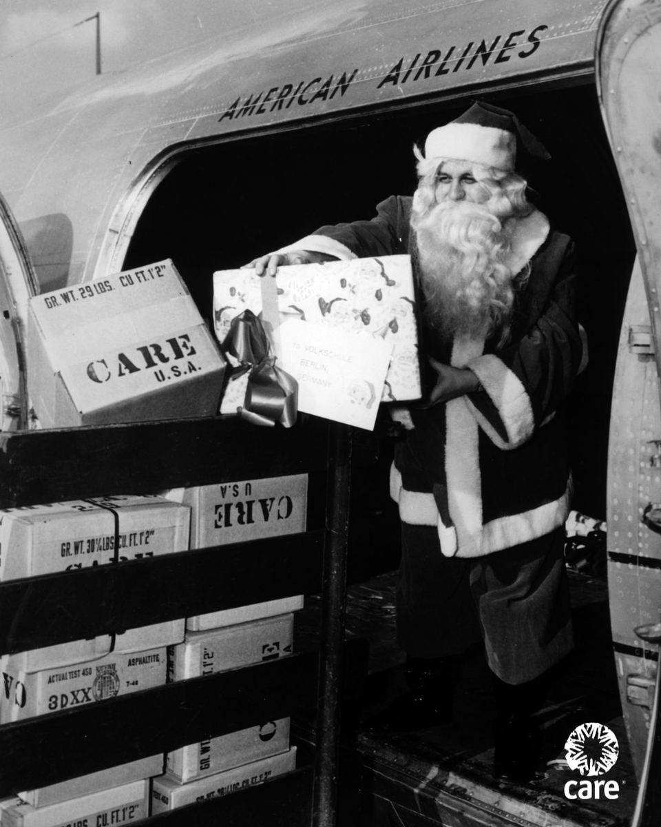 CARE's tweet image. On Christmas Eve, a reminder that CARE has always traveled far and wide. 🎄✈️

In 1950, Santa Claus helped deliver CARE PACKAGES® to families rebuilding after war in Germany. 

Today, that same spirit of solidarity continues in CARE programs all over the world 🌎 — because…