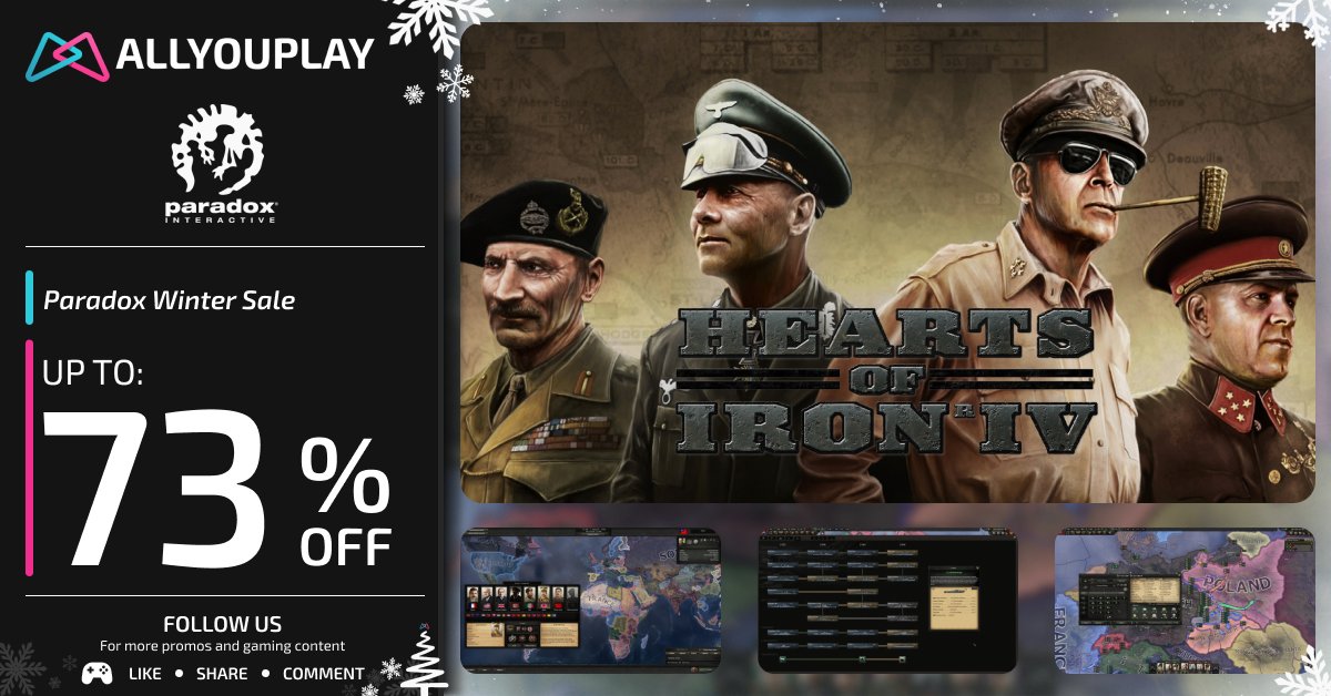 ALLYOUPLAY's tweet image. Cold fronts don’t win wars. Decisions do.
Factories humming. Timelines rewritten. One wrong move and history collapses.

🪖 Hearts of Iron IV — 10.79€ / 10.50£ / 10.79$
❄️ Paradox – Winter Sale | Up to 73% OFF

Draft alliances, bend ideologies, and turn winter into leverage.…