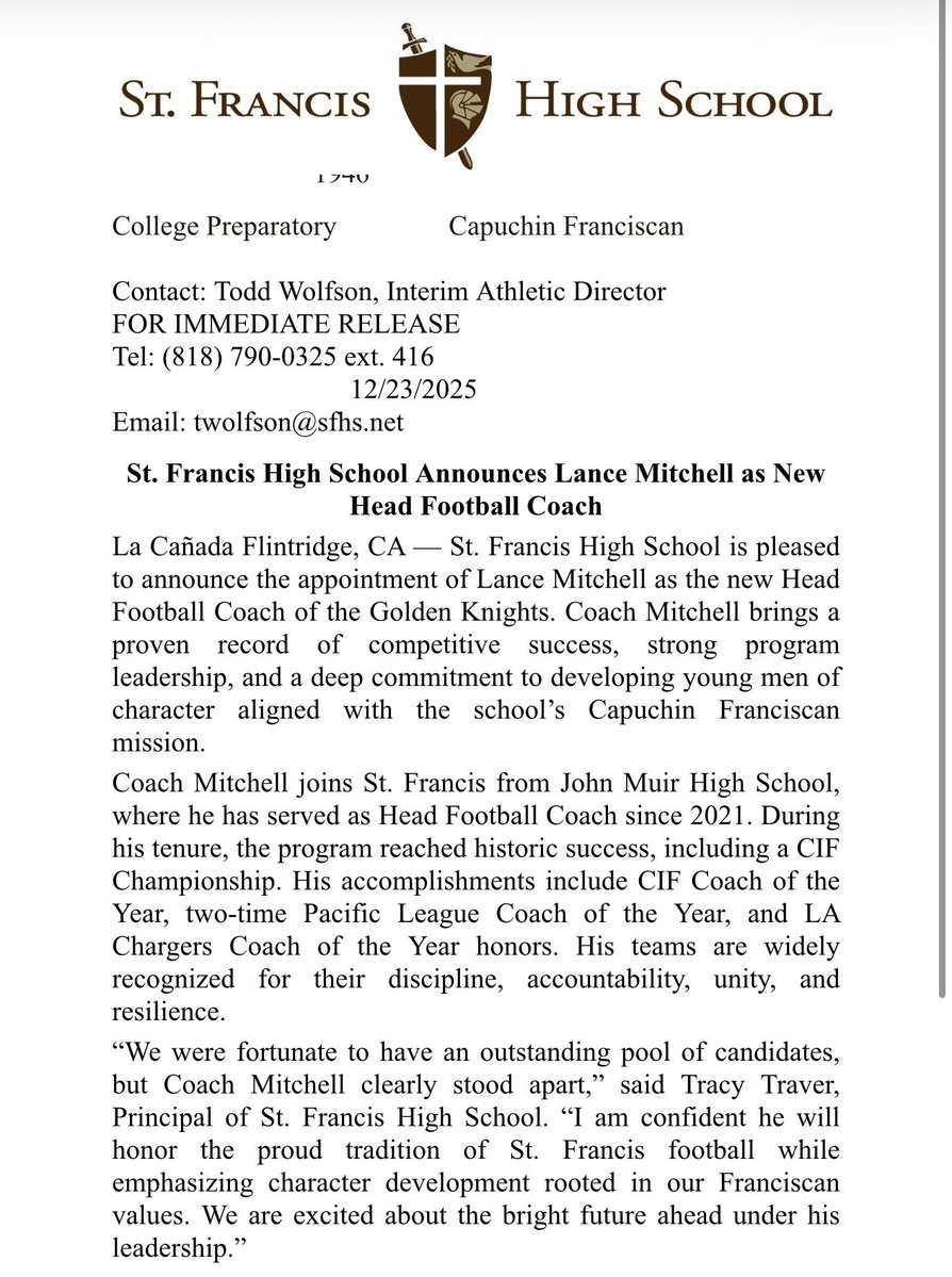 BREAKING: Lance Mitchell named new head football coach at St. Francis.

Former coach at Muir.