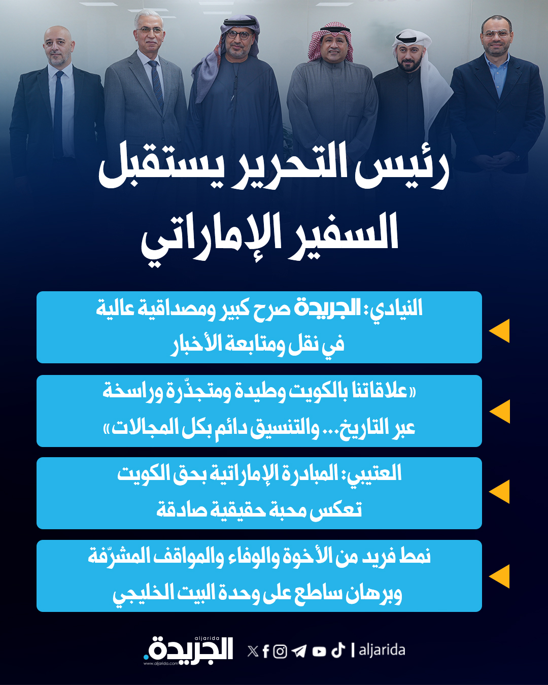رئيس التحرير يستقبل السفير الإماراتي. النيادي: الجريدة صرح كبير ومصداقية عالية في نقل ومتابعة الأخبار. «علاقاتنا بالكويت وطيدة ومتجذّرة وراسخة عبر التاريخ... والتنسيق دائم بكل المجالات». العتيبي: المبادرة الإماراتية بحق الكويت تعكس محبة حقيقية صادقة 
