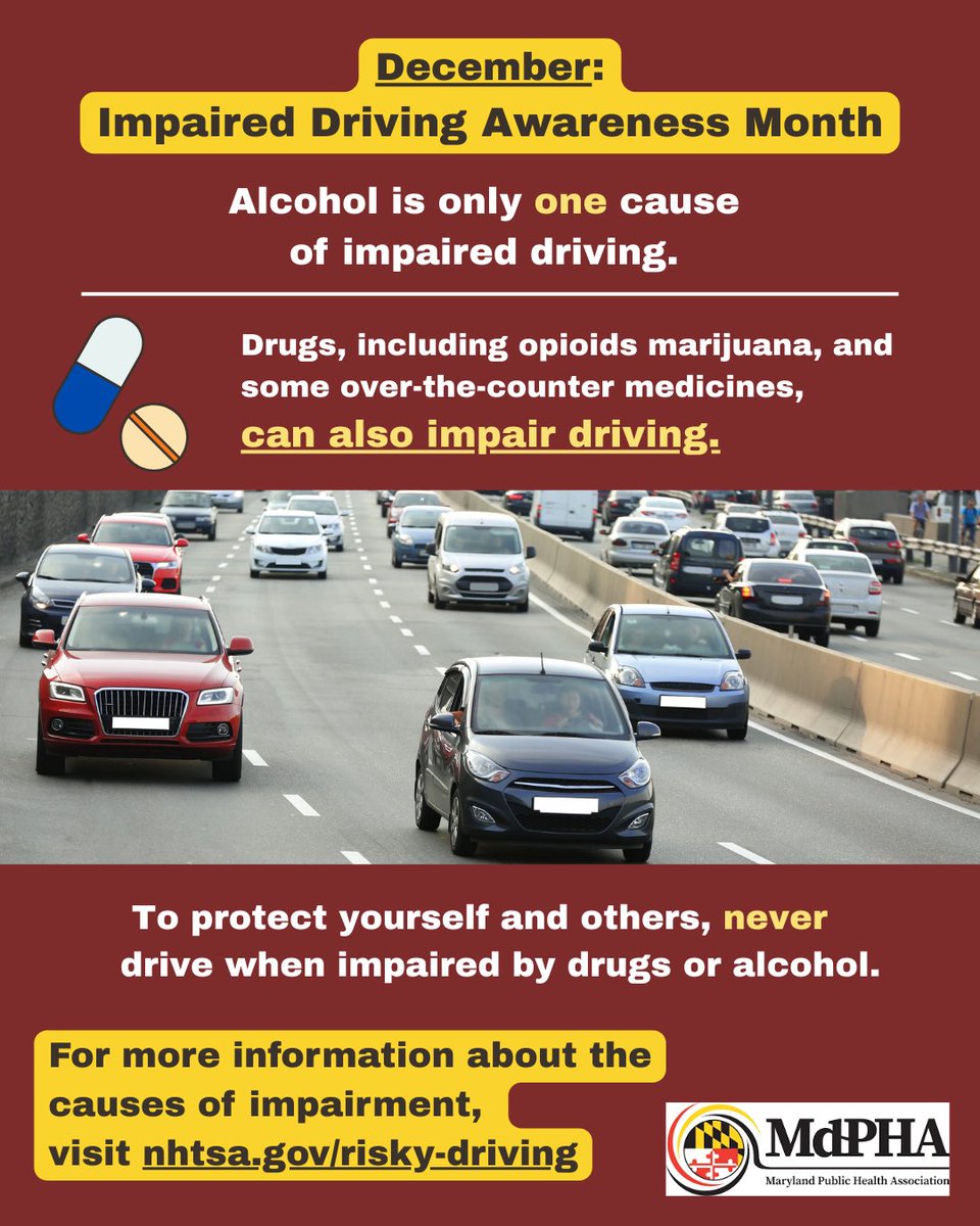 Md_PHA's tweet photo. Driving while impaired by any substance puts you and others in harm’s way. 

It’s illegal in the U.S to drive under the influence of alcohol, marijuana, or any potentially impairing drug (prescribed or over the counter).

🔗More info on impaired driving: https://t.co/UuHgiElzCg https://t.co/Jj2Chdj9i1
