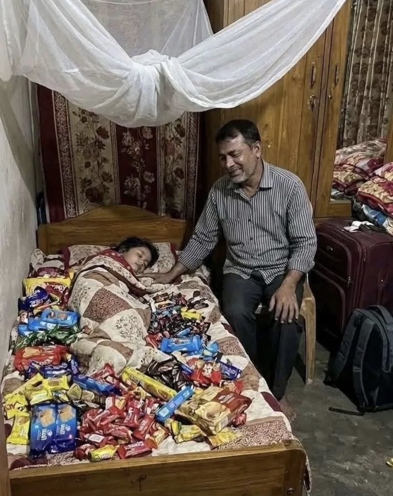 Father came from abroad after years and found his daughter sleeping, So he filled her bed with goodies as a wake up surprise🥹