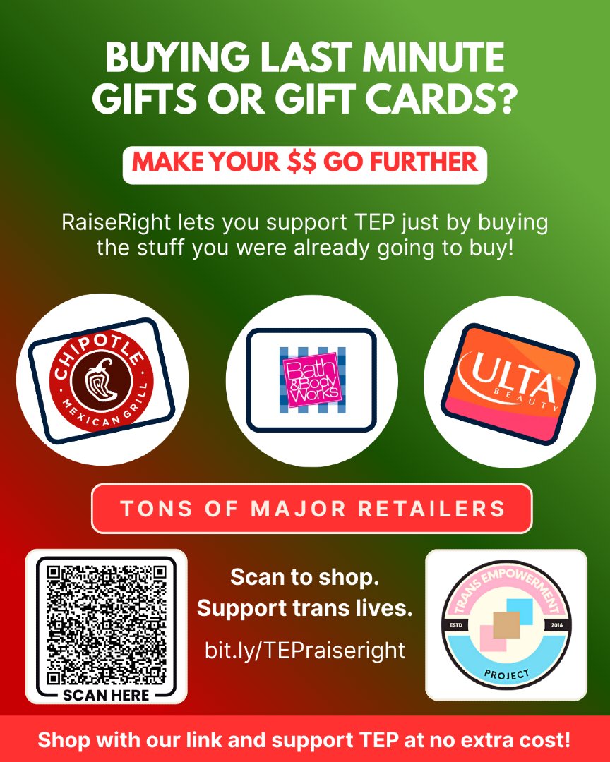 Christmas Eve panic shopping but make it ✨impactful✨ Shop with our RaiseRight link and support trans lives at no extra cost.

Scan the QR code or start shopping here: f.mtr.cool/xpxfrzldhi