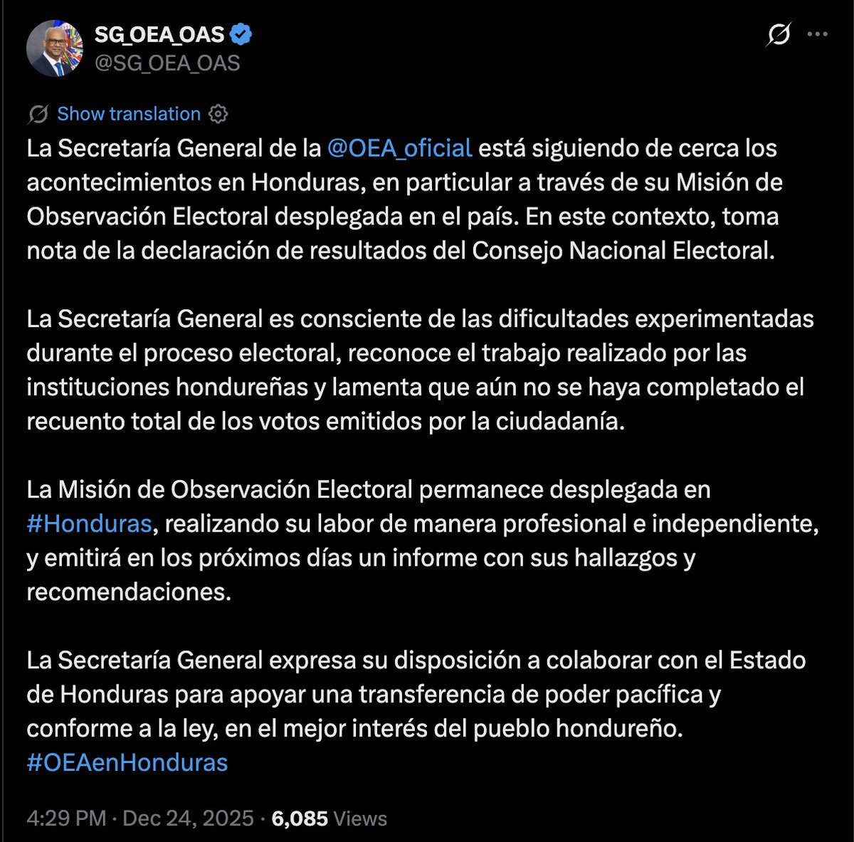 Honduras declares an election winner before finishing the vote recount -- and, shocker, Tito Asfura is immediately recognized by the US and 8 right-wing Latin American governments. The OAS, however remains far more circumspect, and "regrets that the total recount of the votes