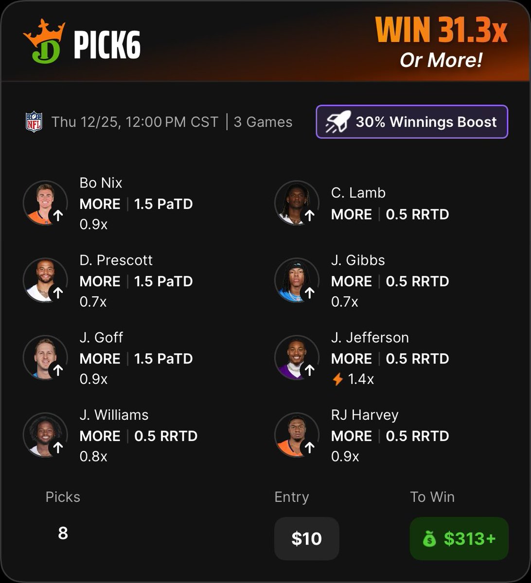“ Courtesy of <a href="/Pick6/">Pick6</a>  “ : 
Now EVERYBODY from the 313 Put your Hands 🙌🏻 Up and Follow me 😎 
🍀
Check out my DraftKings Pick6 Entry! pick6.draftkings.com/?sport=NFL&pic…