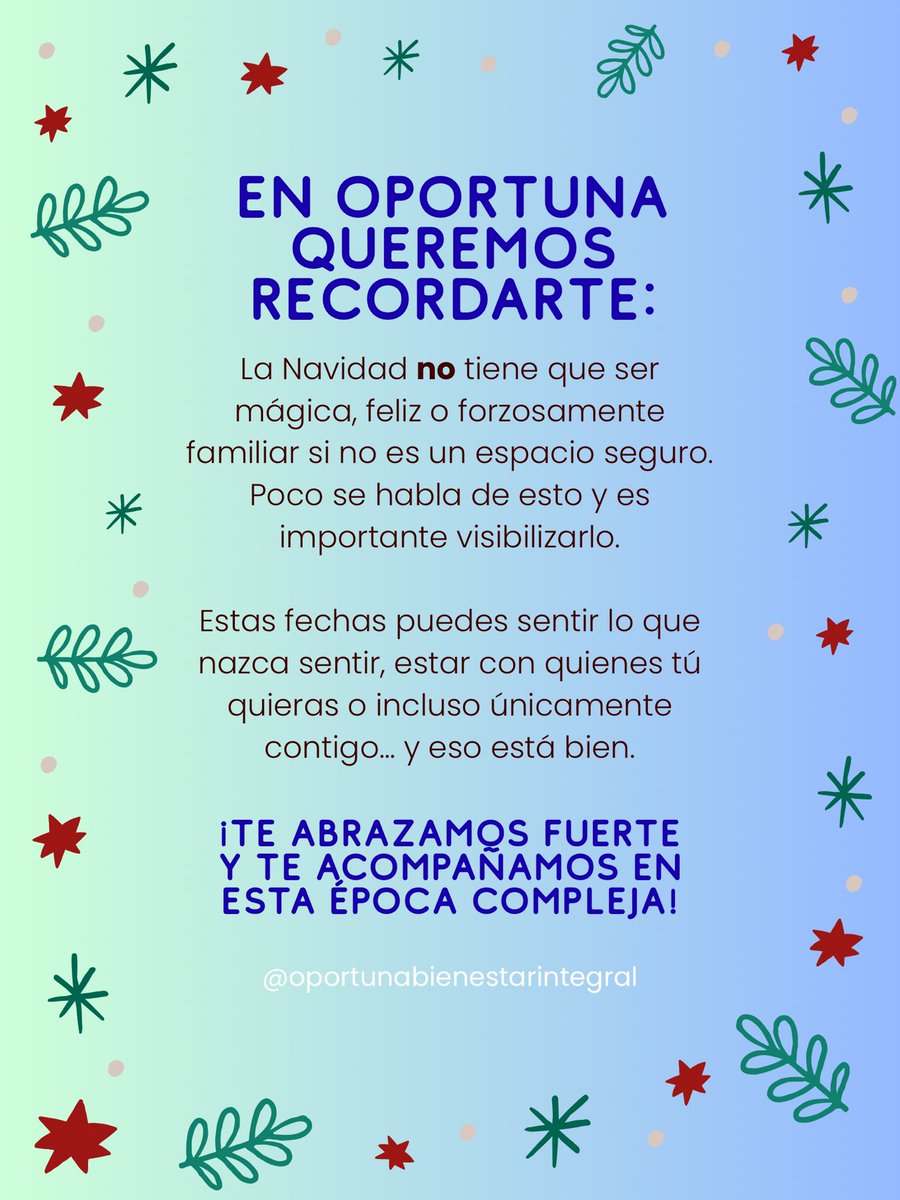 🩵 En Oportuna creemos que validar lo que duele también es salud mental. Aquí estamos para ti, sin exigencias y sin juicios.

⸻

#SaludMental #Psicoterapia
#NavidadNoIdealizada #Ansiedad
#Depresión #ValidaciónEmocional
#NoEstásSolx #EspaciosSeguros
#CuidadoEmocional #Terapia