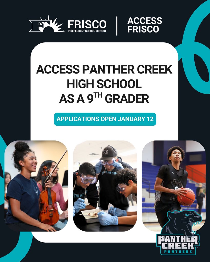 PCHSFrisco's tweet image. A new high school journey starts soon. Incoming 9th graders can apply to Panther Creek High School through Access Frisco beginning January 12. Your future starts here.

Learn more: friscoisd.org/access-frisco