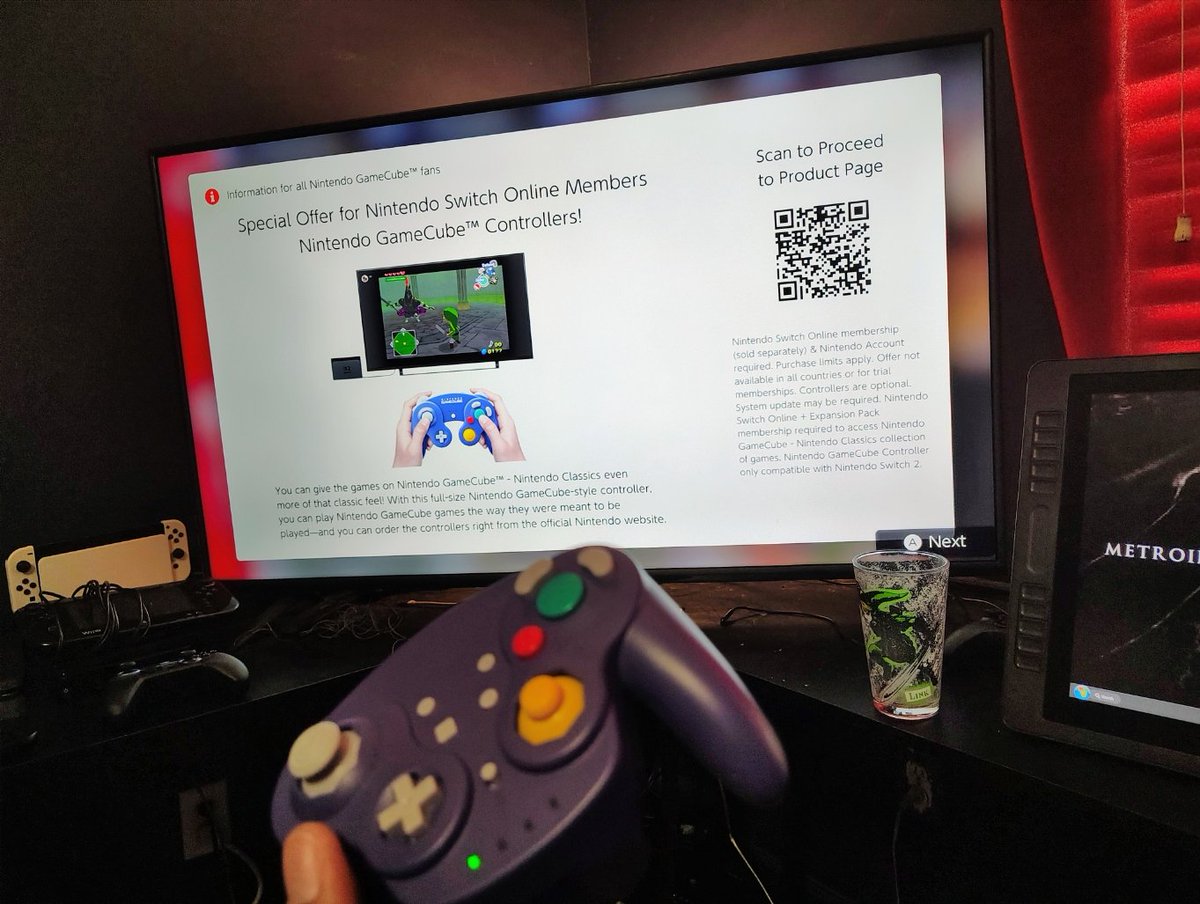 Neweegee's tweet image. I booted up the GameCube Switch Online app with a cheap alternative 3rd party GameCube-style controller I just got from eBay, and it immediately hit me with a "special offer" to buy an official one 😭