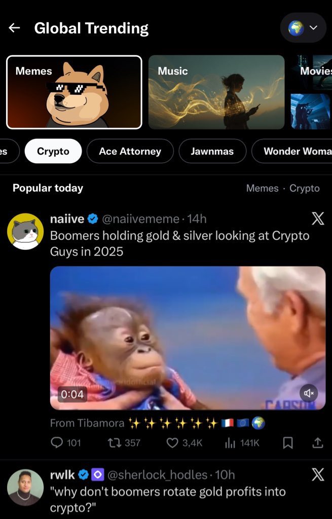 bleshgod's tweet image. X is literally hard shilling $memes

we have a 100m runner here.

9RgsMRGBjJMhppZEV77iDa83KwfZbTmnXSuas2G1pump

The Official X Memes Page

Now also has “crypto” as sub category

Did X see the memecoin $memes and added the “crypto” section??

holy PVE

what more could you ask for?…