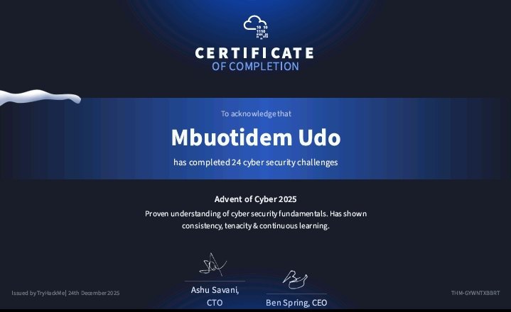 wildfl0w6r's tweet photo. Advent of Cyber 2025 on @tryhackme wrapped.

It's my first time taking part, and it turned out to be a really solid learning experience. I worked through hands on challenges and strengthened my cybersecurity fundamentals. Grateful for the growth.

@TemitopeSobulo https://t.co/vL7PURrT2P