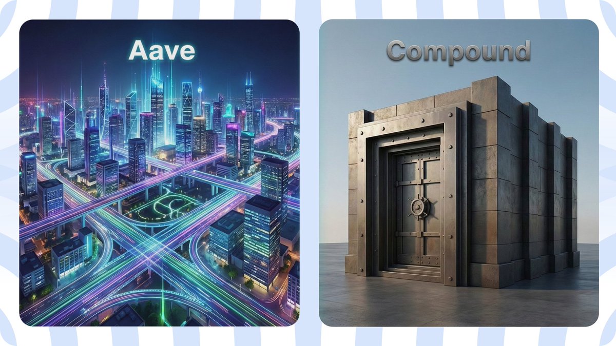 woof_software's tweet photo. 1/ Aave vs. Compound: The "Lending Wars" are over? The two protocols aren't really competitors anymore; they are different tools for different jobs.

But recent events have exposed a new divide: Efficiency vs. Code. Here is the breakdown of where the market stands after the December 2025 governance stress test.