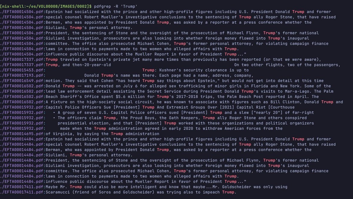 Epsterminal's tweet photo. The Epstein files on the DOJ website are poorly redacted. You can highlight the blacked-out text, copy it, and paste it elsewhere and the hidden content appears. You can also use Ctrl+F and search for “Trump ” (with a space) to see his name show up more than 600 times. https://t.co/99wPcfL5tS