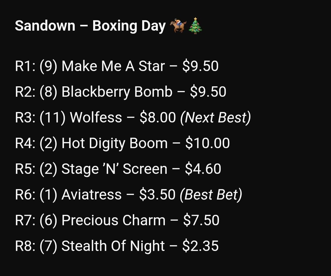 MultiTrackMhm's tweet image. Santas tips Merry Christmas all!! #Sandown #BoxingDayRacing #HorseRacing #RacingTips