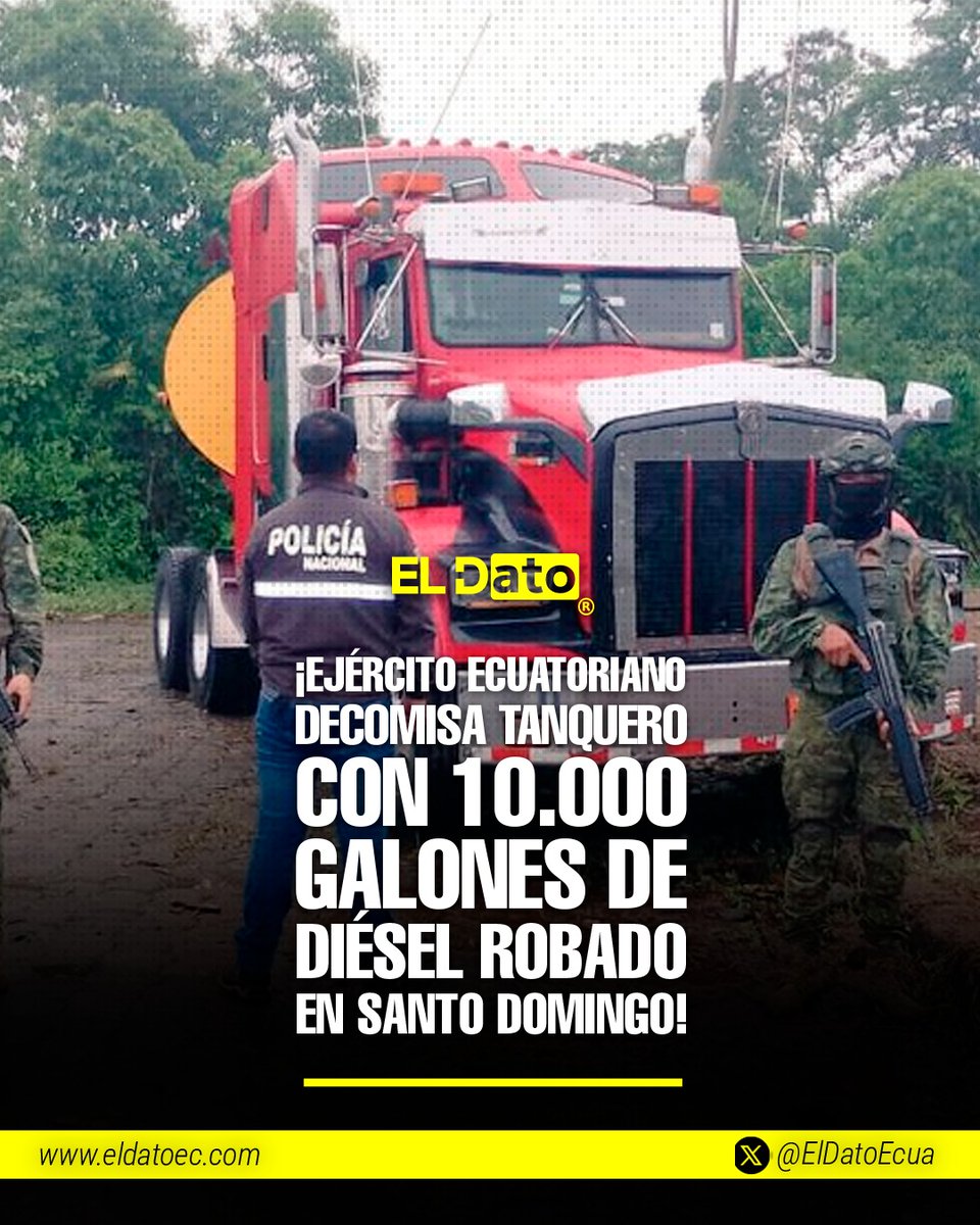 ElDatoEcua's tweet photo. #Urgente ¡EJÉRCITO ECUATORIANO DECOMISA TANQUERO CON 10.000 GALONES DE DIÉSEL ROBADO EN SANTO DOMINGO!
Santo Domingo de los Tsáchilas.– Efectivos del Ejército Ecuatoriano, a través del Cuerpo de Ingenieros del Ejército, ejecutaron una operación militar de seguridad hidrocarburífera tras recibir una alerta de Petroecuador por una baja de presión en el poliducto.
La intervención se realizó en el sector del Mercado de Mayoristas, donde se localizó un vehículo tipo tanquero conectado de manera clandestina a la línea del poliducto. Al notar la presencia militar, el conductor abandonó el lugar.
Durante la inspección del vehículo se decomisaron los siguientes indicios:
✅ Un tanquero con aproximadamente 10.000 galones de diésel sustraído ilegalmente
✅ 40 metros de manguera de alta presión
✅ Un acople clandestino
✅ Una válvula de alta presión
✅ Dos sellos tipo candado, utilizados para el transporte del combustible
El Ejército Ecuatoriano reafirma su compromiso de mantener operaciones permanentes para garantizar la seguridad hidrocarburífera y proteger los recursos estratégicos del Estado frente a actividades ilícitas.
#ElDato #Política #Ecuador #Gobierno #PoliciaNacional #Seguridad #FFAA