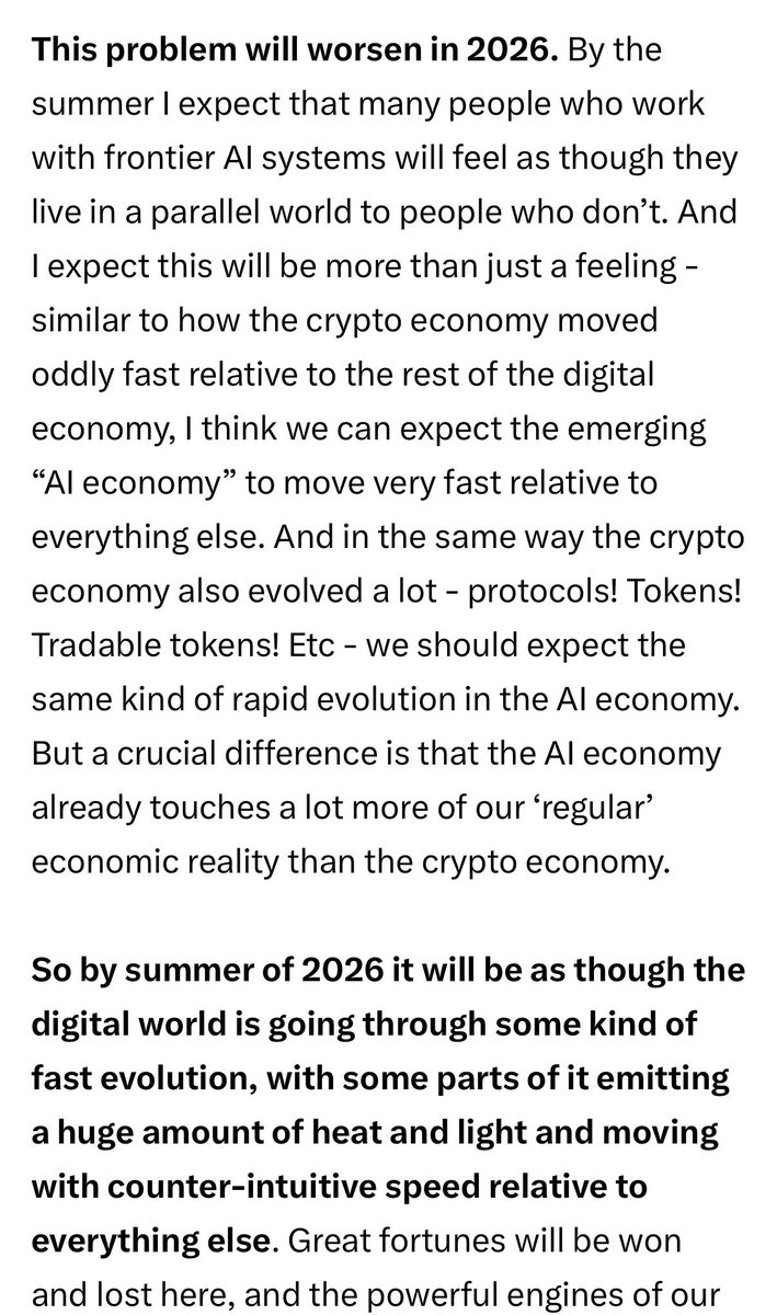 kimmonismus's tweet image. Anthropics Jack Clark expects big changes and acceleration mid 2026:

„So by summer of 2026 it will be as though the digital world is going through some kind of fast evolution, with some parts of it emitting a huge amount of heat and light and moving with counter-intuitive speed…