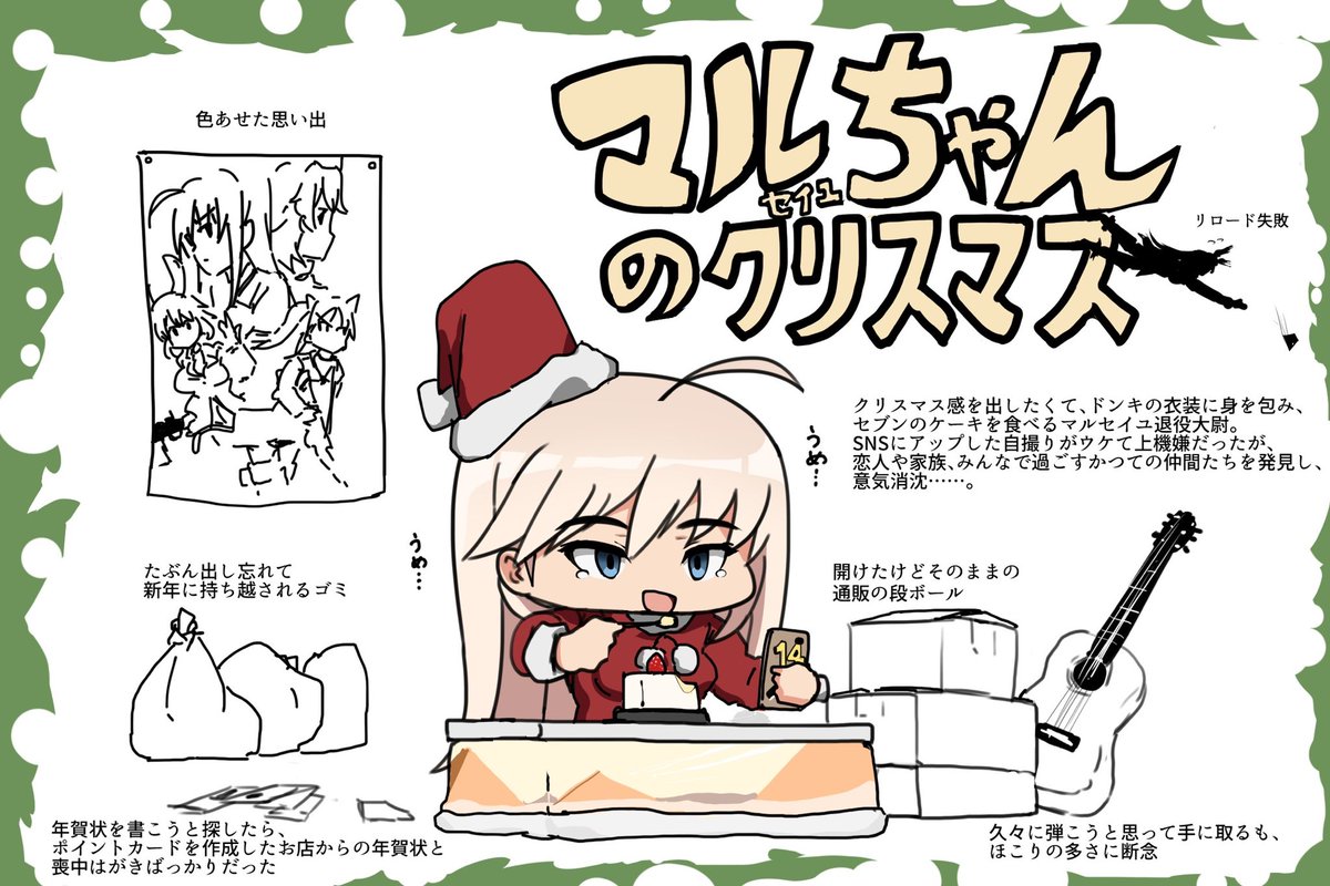 ライーサとエーリカは既に子持ち、長らく独身仲間だったバルクホルンも今年結婚…一人取り残されるマルちゃん…

が現状最後に描いたクリスマス絵だった 