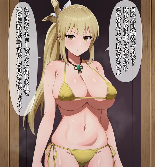 『黄巾ビキニによって洗脳され、いつもと
変わらない表情でいつもなら絶対言わない
ようなことを平然と言う王元姫』

skebで描かせていただきました!
ご依頼ありがとうございました! 