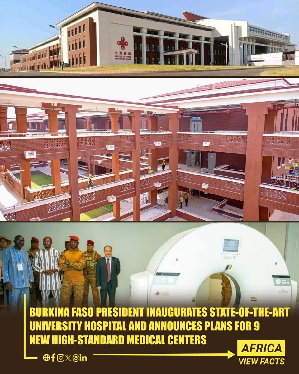 AfricaViewFacts's tweet photo. Captain Ibrahim Traoré, the President of Burkina Faso 🇧🇫, officially inaugurated the new Centre Hospitalier Universitaire (CHU) de Pala, located in the village of Pala near Bobo-Dioulasso. 

This modern 500-bed university hospital, built in partnership with China, features advanced equipment, including a unique interventional imaging suite in sub-Saharan Africa, and a radiotherapy center. 

Traoré announced plans to build nine similar high-standard CHUs across the country.