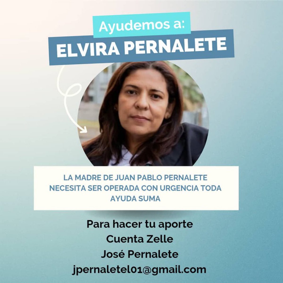 #24Dic #ServicioPúblico 
La señora Elvira de Pernalete necesita de nuestra ayuda para ser operada de urgencia 

Todo suma. 
Compartir este post también es colaborar